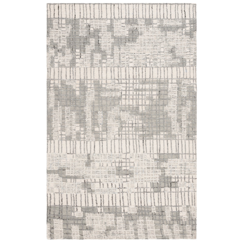Tapis gris / ivoire / gris foncé en laine / coton touffeté à la main Veonica, Rectangle 4 pi x 6 pi
