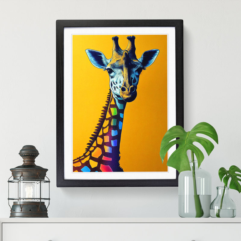 FRM-V0523-1071X Giraffe Crayon Art - Picture Frame Print, 64cm H x 46cm W, Black Framed