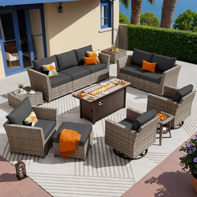 9 - Person Mostly No Assembly Required Patio Furniture Set With Swivel Rocker, Outdoor Wicker Rattan Sectional Seating Group With Cushions, All Weather Sofa Conversation Set With Fire Pit Table For Garden Backyard
