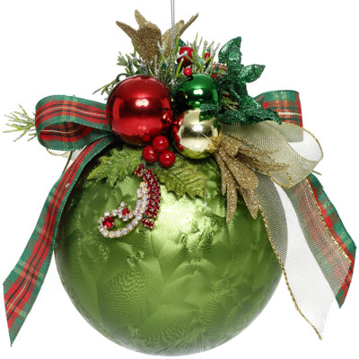 Ornement floral boule à bijoux, givré, vert foncé - 6 pouces