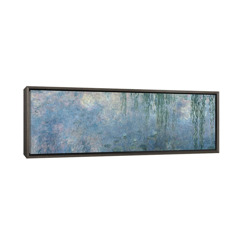 Nénuphars: matin avec des saules qui pleure, H 16 po x l 48 po x 1,5 po, Toile encadrée de bois rustique foncé