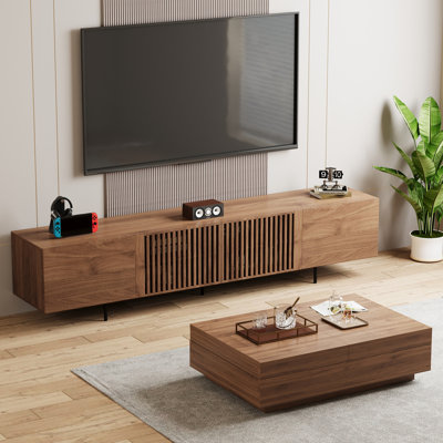 Tv Stand & Retractable Coffee Table Set With Storage, Wood Grain Finish