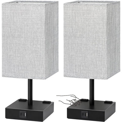 Ensemble de 2 lampes de table à contrôle tactile - table de chevet avec ports USB C + A et prises de courant CA, abat-jour en tissu gris à 3 voies à intensité variable pour le salon de la chambre à coucher, bureau (ampoule incluse)