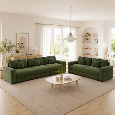 Canapé d'angle modulaire Cloud surdimensionné, 3 places (330 cm) + 2 places (210 cm), accoudoirs épais et robustes, velours côtelé, assise profonde et confortable, vert