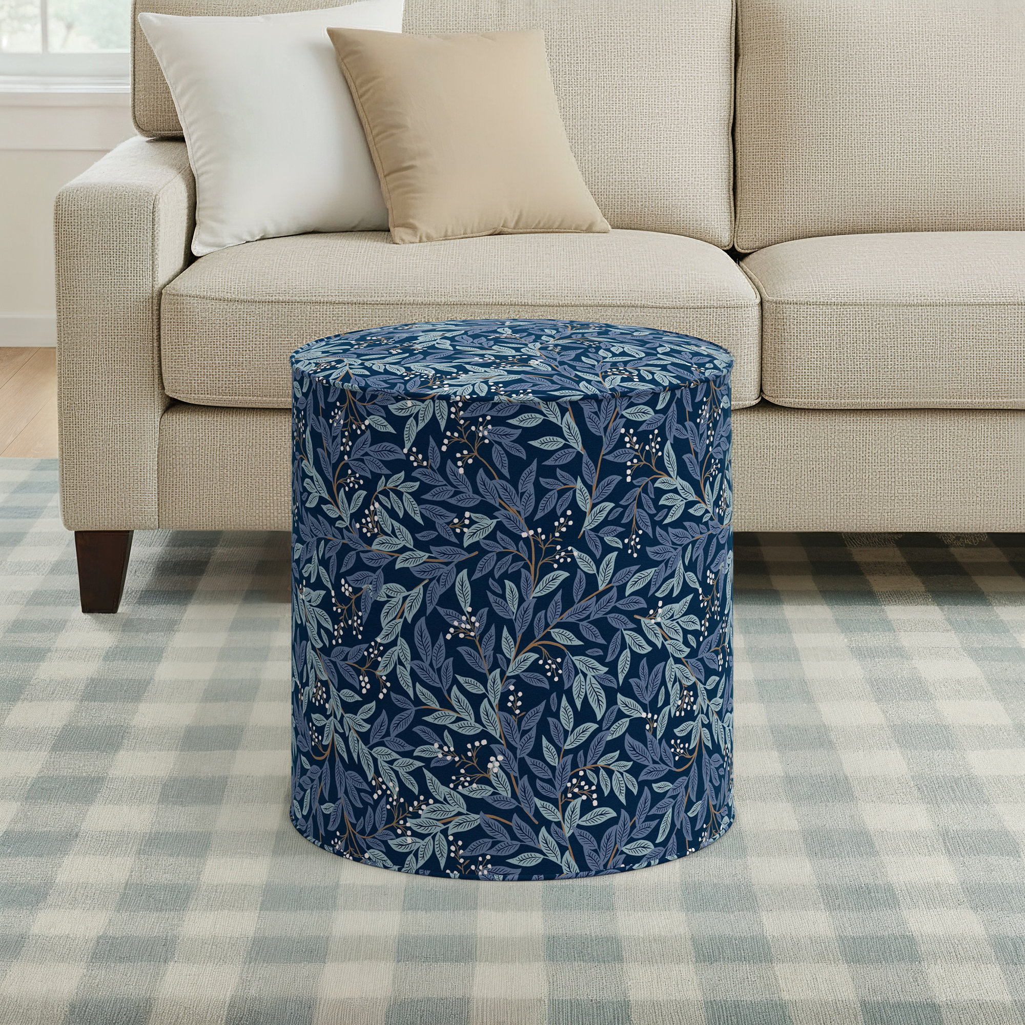 Rifle Paper Co. x Cloth & Company Round Ottoman, Rpc Willowberry Navy Linen