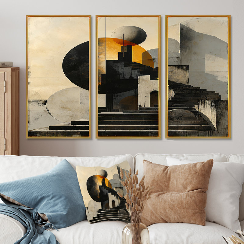 Escaliers cachés vers Nevermore - ensemble d'art mural paysage abstrait, Cadre flottant doré, H 40 po x l 60 po x P 1 po