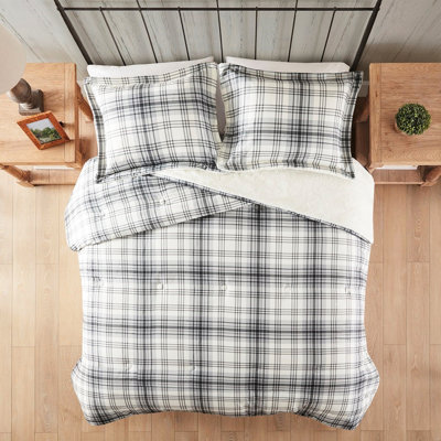 King/ King Faux Wool Comforter With Fur - Plaid Print, Warm, Machine Washable Bedding Plaid, Reverse, Warm And
