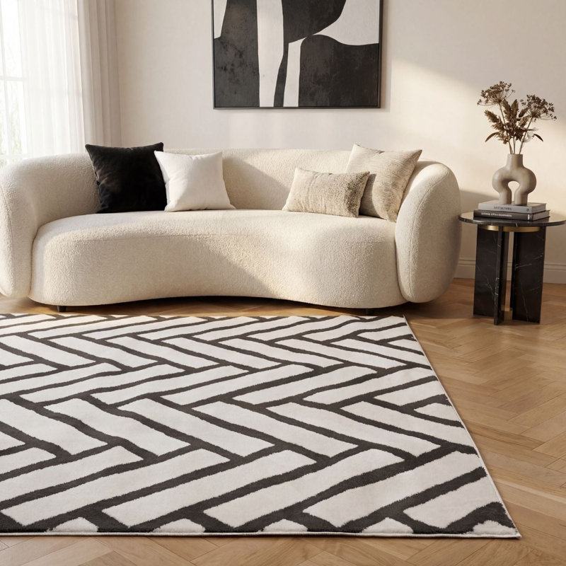 Loft Modern Chevron Living Room Area Rug and Runner Soft Pile, Dark Grey/Ivory, Rectangle 120 x 170 cm