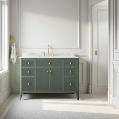 Fully Assembled 48'' Freestanding Single Sink Bathroom Vanity With Solid Wood Construction And Engineered Marble Top