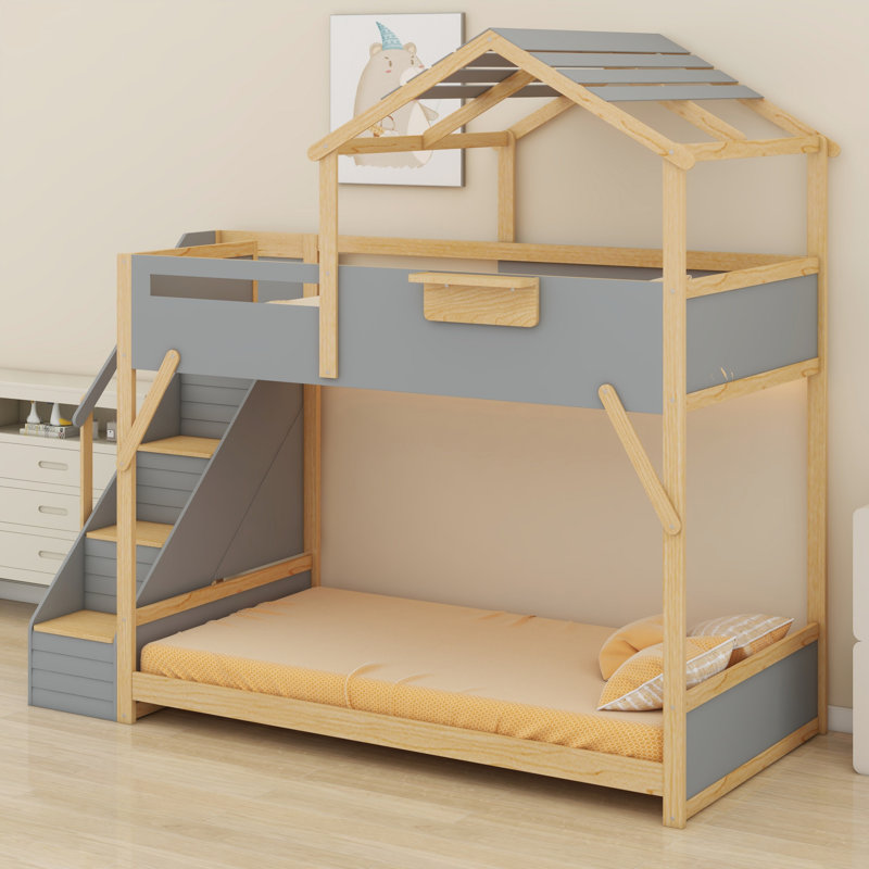 Lit superposé élégant pour enfants avec escalier pratique et lumières DEL, Twin over Twin, Gray