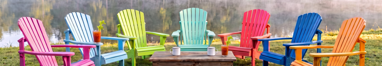 Sept chaises Adirondack aux couleurs vives disposées en demi-cercle autour d'une table basse en bois devant un lac brumeux.