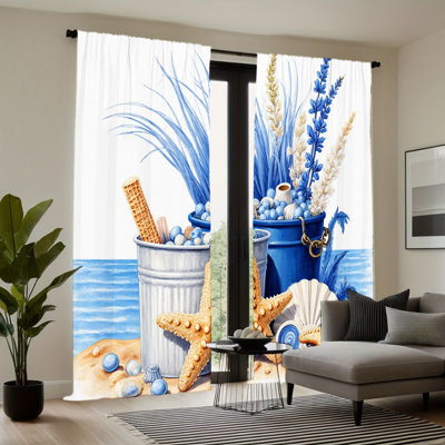 2Pcs Seaside Bucket Starfish Shell Pattern Curtains, Rod Pocket Sun Blocking Window Drapes, Coastal Beach Theme Style, All-Season For Living Room Bedroom Study Decor