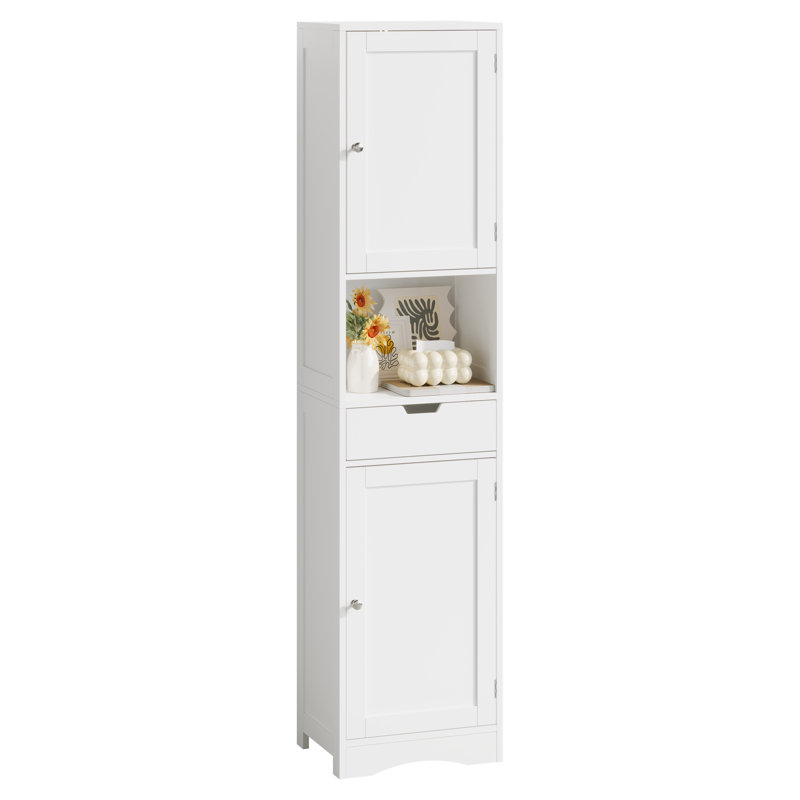 Armoire de rangement étroite blanche de 67 po de hauteur avec 2 portes, 1 tiroir et tablettes réglables, armoire de plancher autoportante pour salle de bain, salon, entrée, bureau à domicile