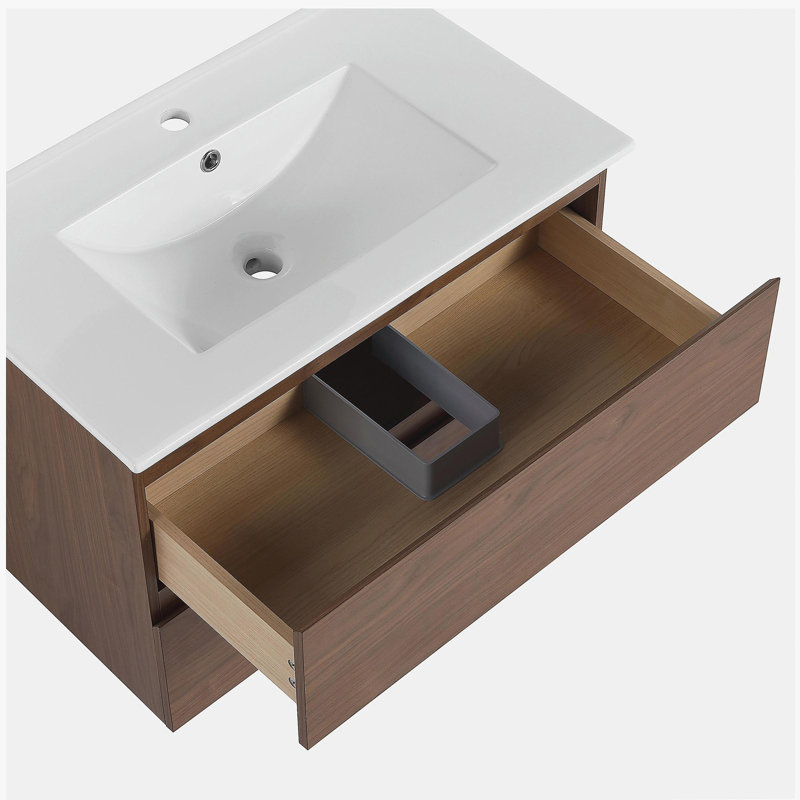 Meuble-lavabo mural 30 po avec lavabo en céramique 2 tiroirs, 30", Chêne brun