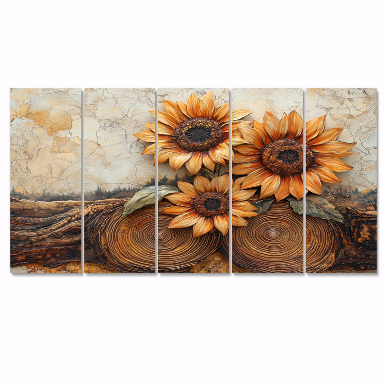 Duriye - art mural tournesols - ensemble de 5 pièces d'art mural traditionnel, H 28 po x l 60 po