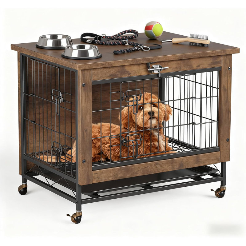 Meuble de caisse en bois pour chien avec roulettes verrouillables et structure en métal