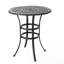 Table de bar traditionnelle en fonte d'aluminium : plateau fini bronze foncé antirouille, trou central pour parasol, dimensions : 96 cm x 104 cm, profondeur : 94 cm, hauteur : 105 cm