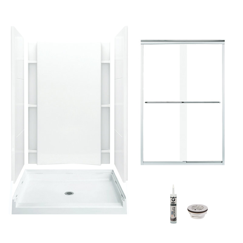 Ensemble de douche rectangulaire sans cadre de 48 po x H 77 po avec porte-serviettes et base inclus, Argent