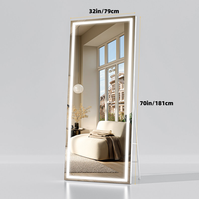 Modern & Contemporary Lighted Full Length Mirror with Temepered Glass & 3 Years Warranty, White, 70" x 32"
