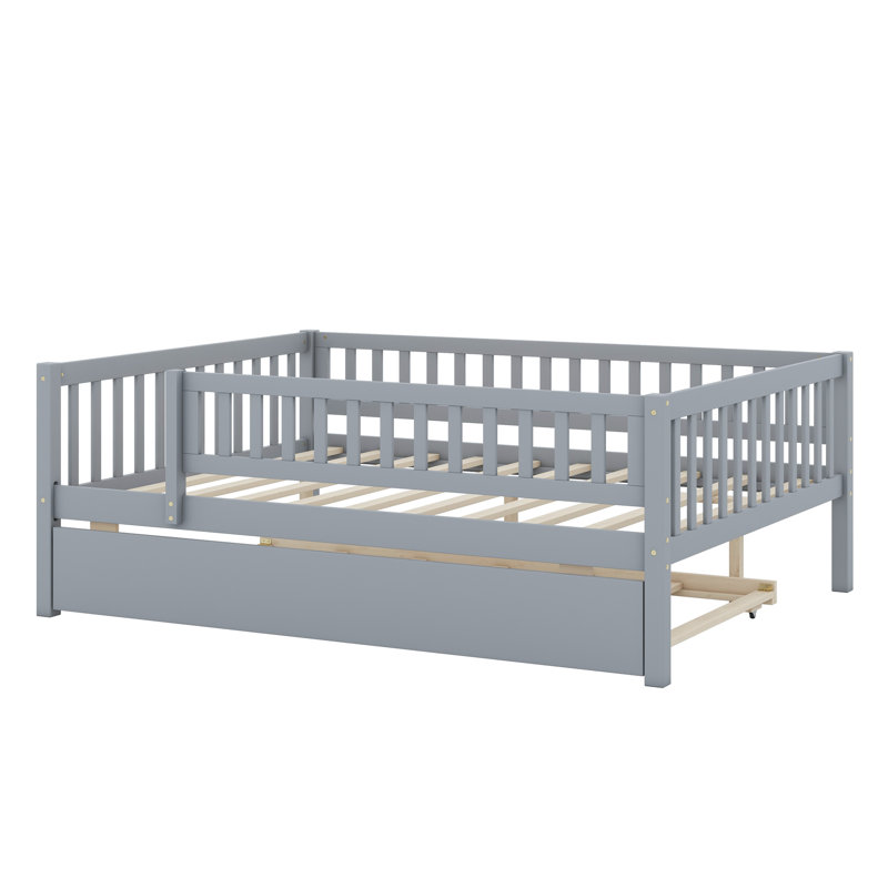 Daybed With Trundle And Fence Guardrails, Gray