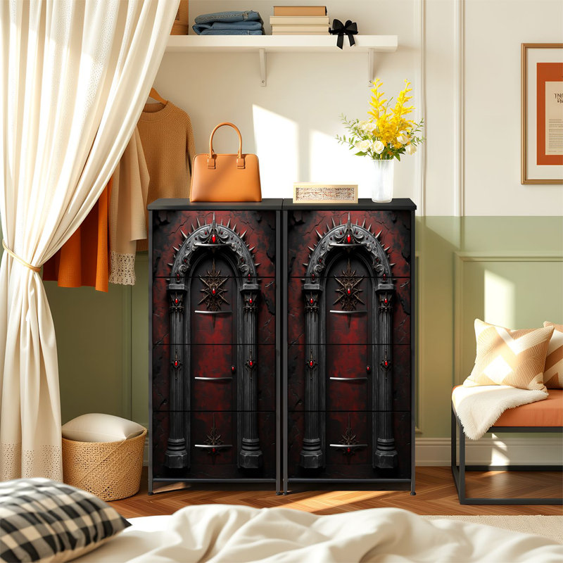 Commode de style gothique pour la chambre à coucher avec 4 tiroirs de rangement Porte de commode rouge noire ornée de commodes rouges