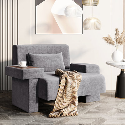 Fauteuil de chambre de style Mid-Century avec rembourrage doux - chaise de 48 po de large, structure, accoudoirs asymétriques, coussin surdimensionné en tissu, pour espace de vie, structure et usure - revêtement, siège ergonomique