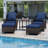 2-Person Patio PE Wicker Armchairs with Ottomans, Side Table and Blue Cushions-1311526759