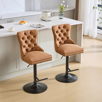 Tabouret de bar pivotant en velours épais chromé, rembourré avec une base de 17,7 pouces, des boutons capitonnés et un siège à ressorts, une éponge et un siège à ressorts, pour ensemble bistro et îlot de cuisine (ensemble de 2)