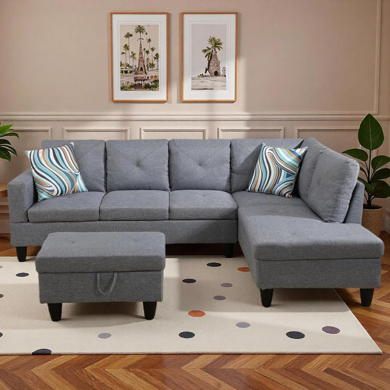 3-piece Linen Sectional Sofa, Brown Gray Linen, Left Hand Facing