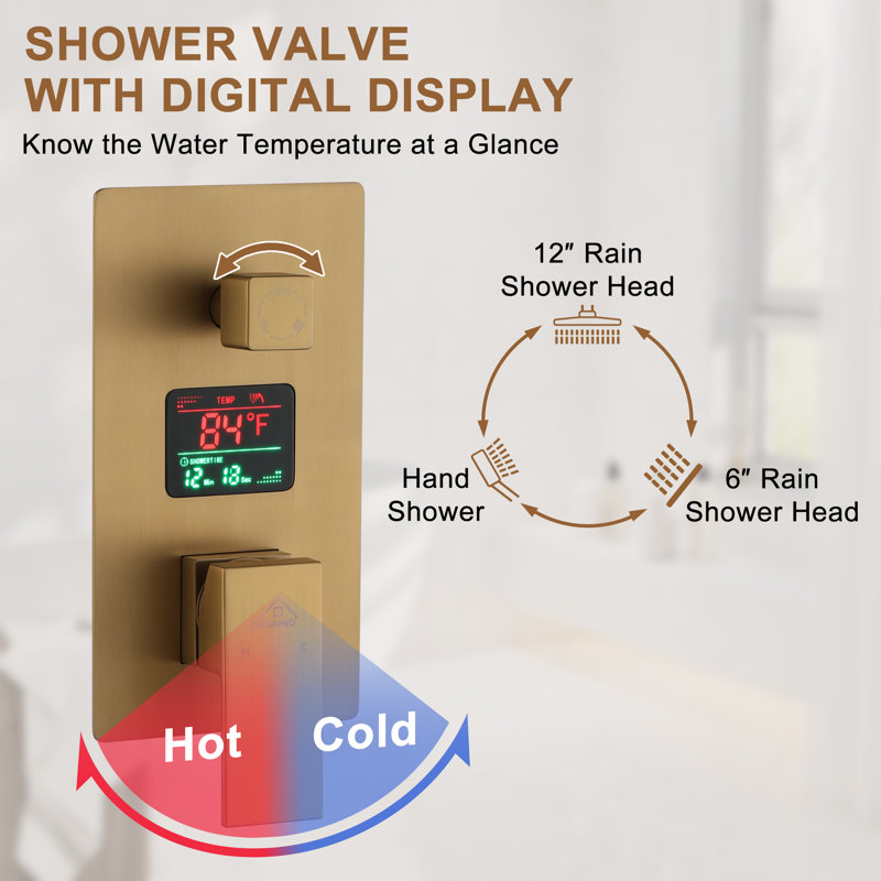 Brushed Gold Digital Display Dual Shower Head System