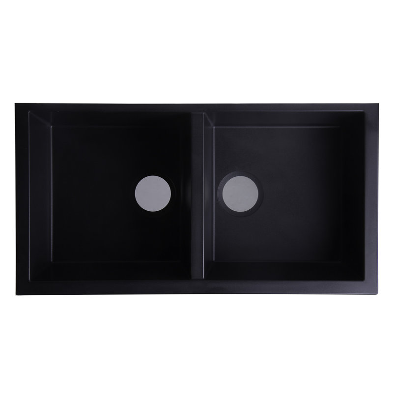 34'' L Double Bowl Granite Kitchen Sink, Black