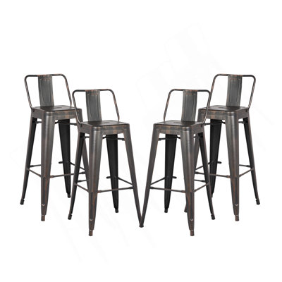 Tabouret de bar 24 po en métal de style rustique rustique avec dossier, tabouret de bar de cuisine, construction légère et robuste, ensemble de 4 - noir mat
