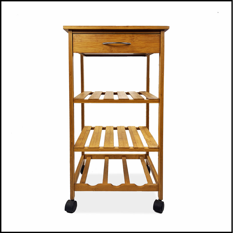 Chariot moderne en bambou avec trois tablettes ouvertes et un tiroir de rangement pour une organisation polyvalente