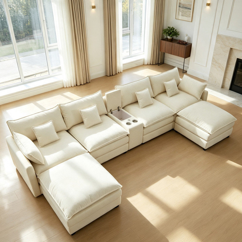 Canapé modulaire en chenille de 142 pièces de 142,5 po avec console, rangement et ports USB, White Chenille