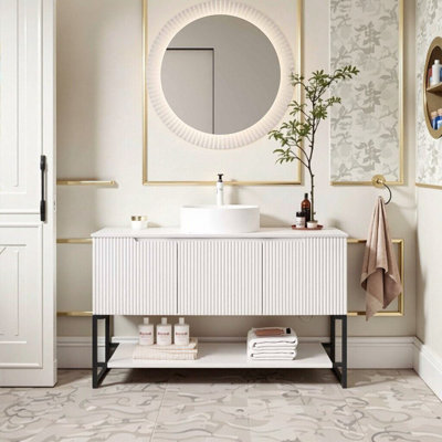 Meuble-lavabo autoportant avec lavabo vasque et rangement spacieux French Country Elegance | Portes à fermeture en douceur et comptoir en pierre de qualité supérieure