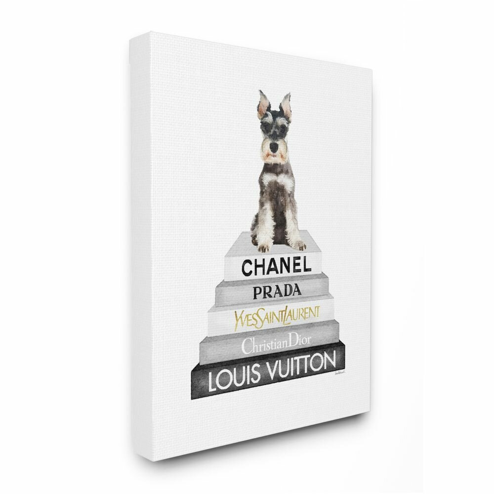 Stupell Industries Adorable Dog Sitting on Neutral Glam Fashion Book Stack Wall Art, 24 x 30, White