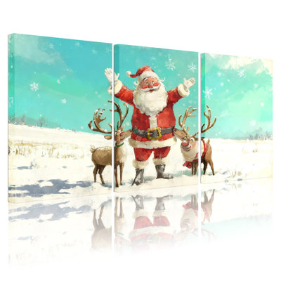 Ensemble de 3 impressions sur toile, père Noël avec renne dans un champ enneigé