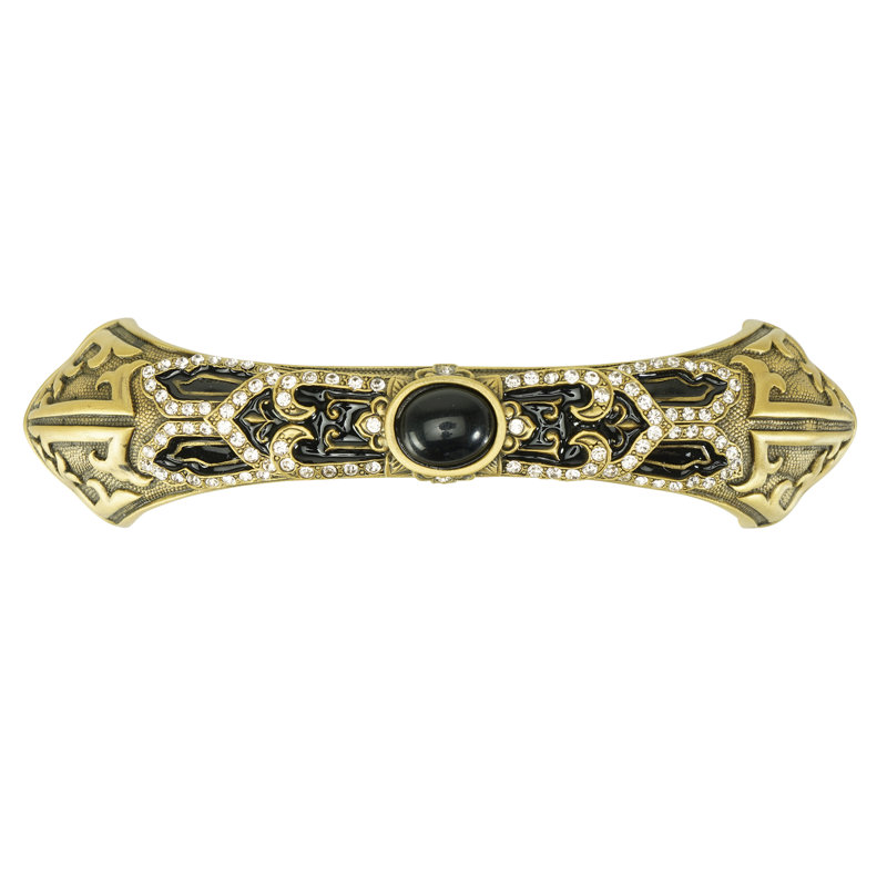 CHINOISERIE 3-1/2" C TO C PULL; JET, DECORATED WITH SWAROVSKI® SILK CRYSTAL & JET CABOCHON; MUSEUM, Gold