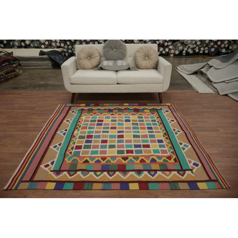Tapis kilim à carreaux éclatant 6 x 6 pour intérieurs modernes