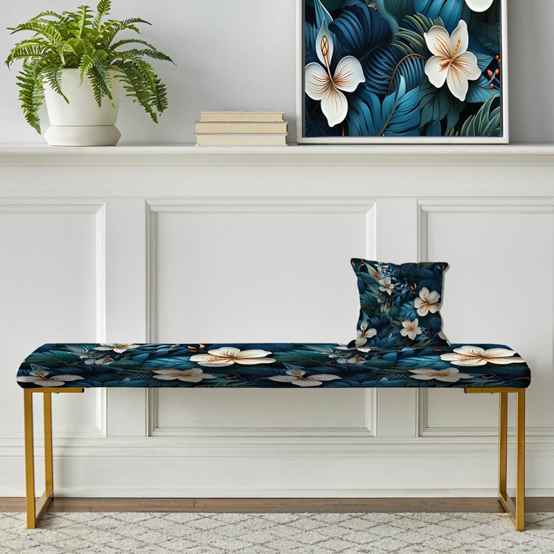 Floral Upholstered Gold Bench, Moody Tropics Moody Patterns