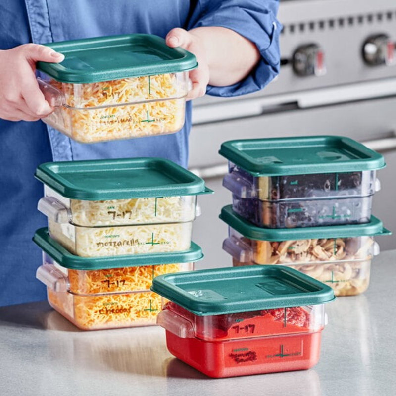 Vigueur 2 pintes Contenant alimentaire transparent en polycarbonate et couvercle vert - paquet de 6