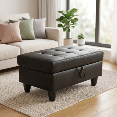 Storage Ottoman Bench, Tufted Stitched Faux Leather, Black