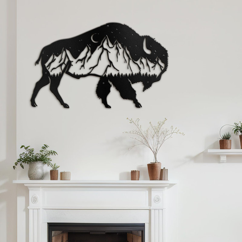 Bison montagne paysage découpé moderne abstrait décoratif décoratif suspendu, H 18,9 po x l 30 po x P 0,05 po, Noir