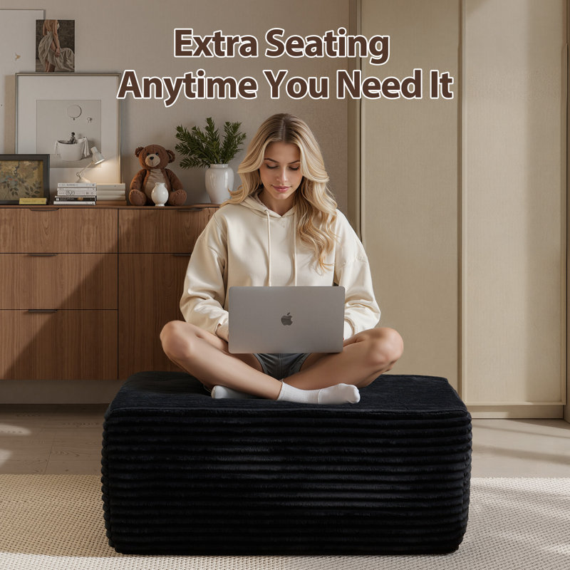37.01'' Wide Fluffy Ottoman, Plush Accent Pouf, For Modern Interior Design, Black Faux Fur