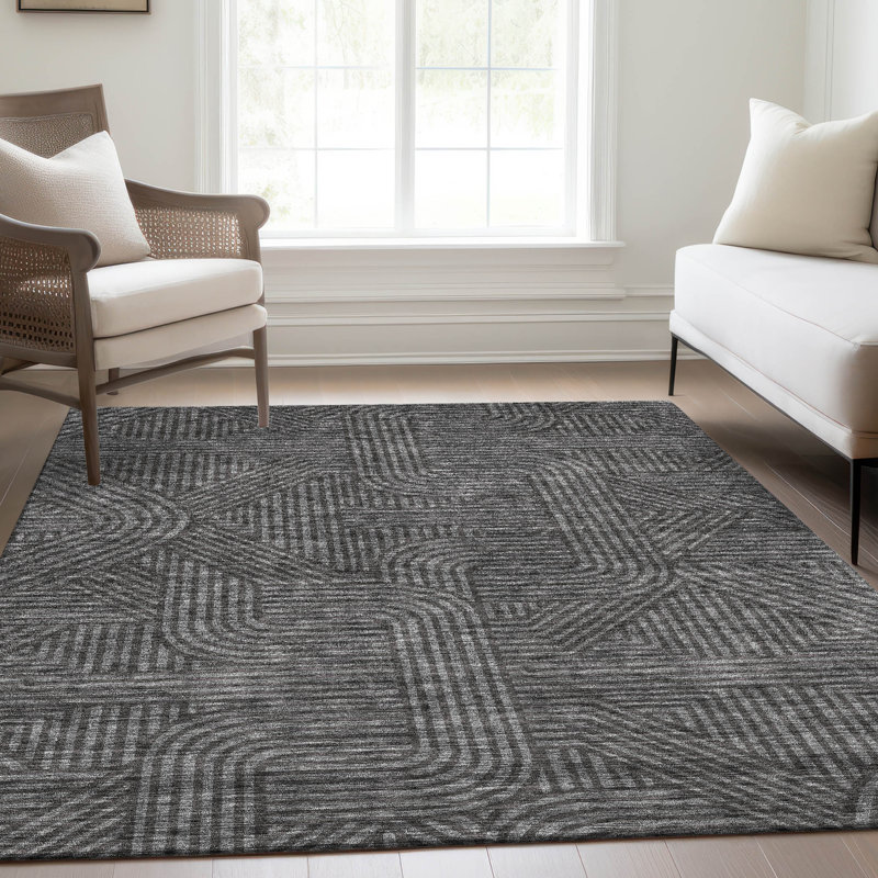 Premium Machine Washable Prisco Charcoal Rug, Rectangle 3' x 5'
