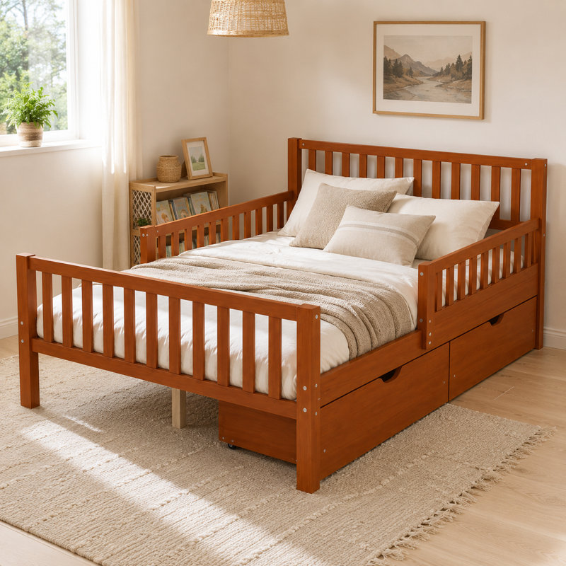 Lit plateforme en bois avec 2 tiroirs de rangement sous le lit, garde-corps pleine longueur et support à lattes, aucun sommier nécessaire