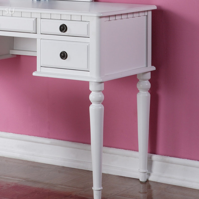 Ensemble de coiffeuse de chambre à coucher contemporaine avec miroir pliable, tabouret et tiroirs de rangement pour une organisation élégante de maquillage et de bijoux
