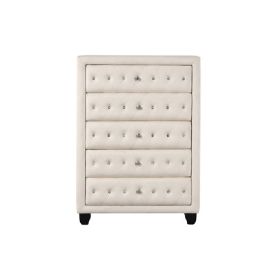 Commode capitonnée à 5 tiroirs en tissu de velours de style moderne avec capitonnage en cristal de style moderne