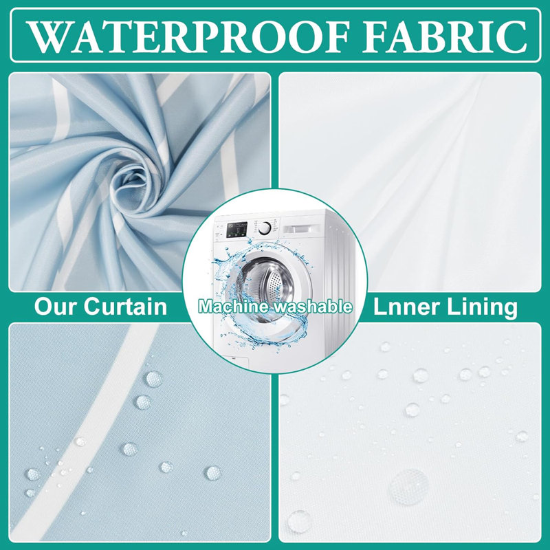 No Hook Light Blue Striped Shower Curtain With Snap In Fabric Liner Set - Hotel Shower Curtain And Liner Set With See Through Mesh Top Window,Machine Washable, 71X74 INCH