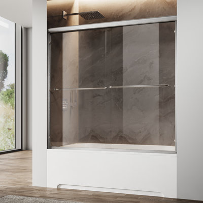 60" X 57" Semi-Frameless Tub Door with Double Sliding Doors, Double-handle towel rack and 1/4" Tempered Glass, Brushed Nickel